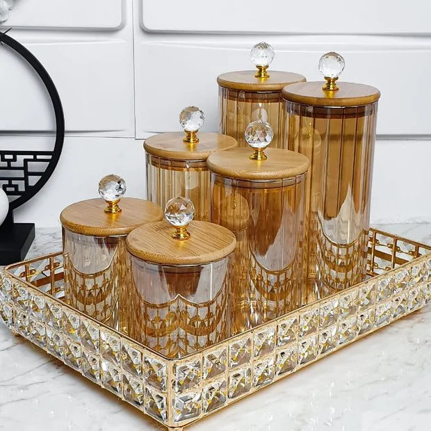 Conjunto Potes de Vidro com Tampa Bambu Cristal Porta Mantimentos Cozinha 3 Peças