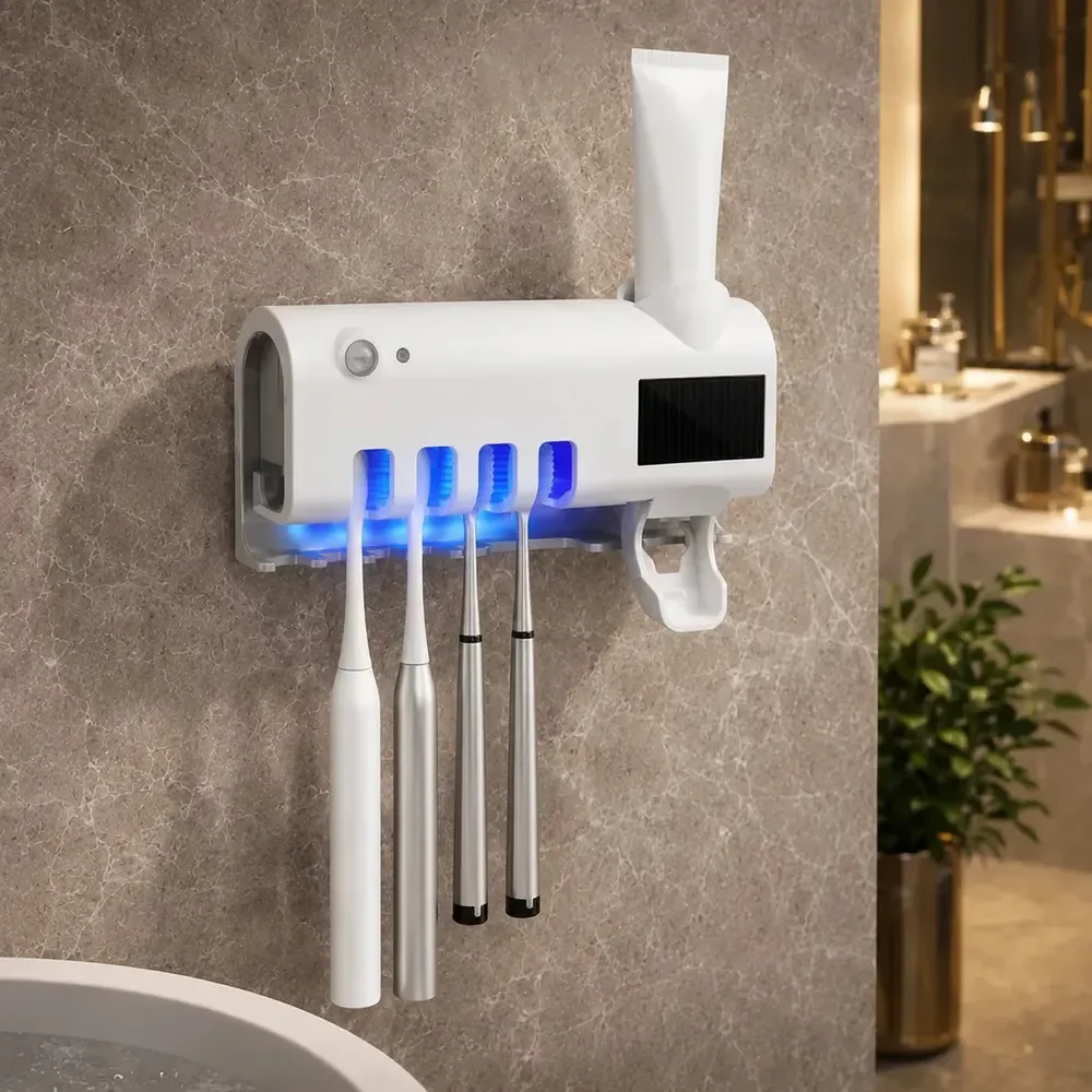 🛍️Dispenser Pasta De Dente Com Porta Escova Suporte De Parede Para 4 Escovas Branco Esterilizador Uv Ligeiro