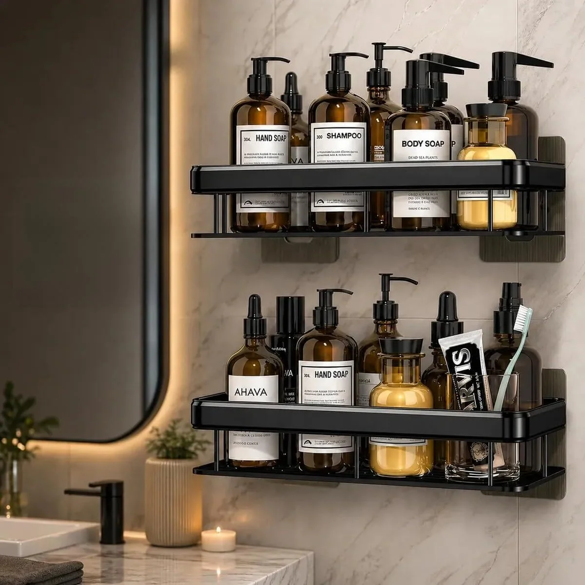 Kit 2 Prateleiras Nicho para Box de Banheiro, Organizador Porta Shampoo e Sabonete, Fixação com Adesivo Forte sem Furo, Design Moderno, Alta Durabilidade, Cor Preto