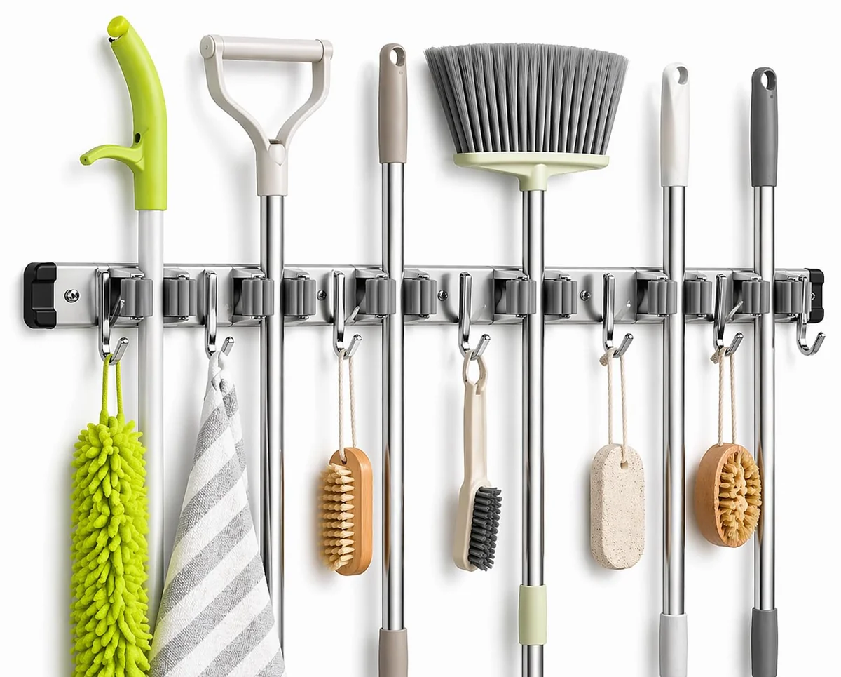 Suporte de Vassouras e Rodos de Parede inox com 9 acessórios – Organizador Multifuncional para Limpeza, Cozinha, Lavanderia, garagem e Área de Serviço – Instalação Fácil e Alta Resistência