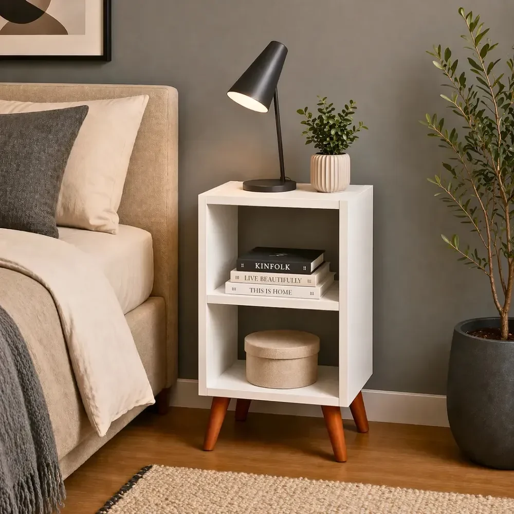 Mesa De Cabeceira Charmosa Nicho Aberto Multiuso Mesinha Lateral Decoração Para Cama De Casal Quarto Com Pés Palito Em Estilo Retrô Roma - Móveis Xpress