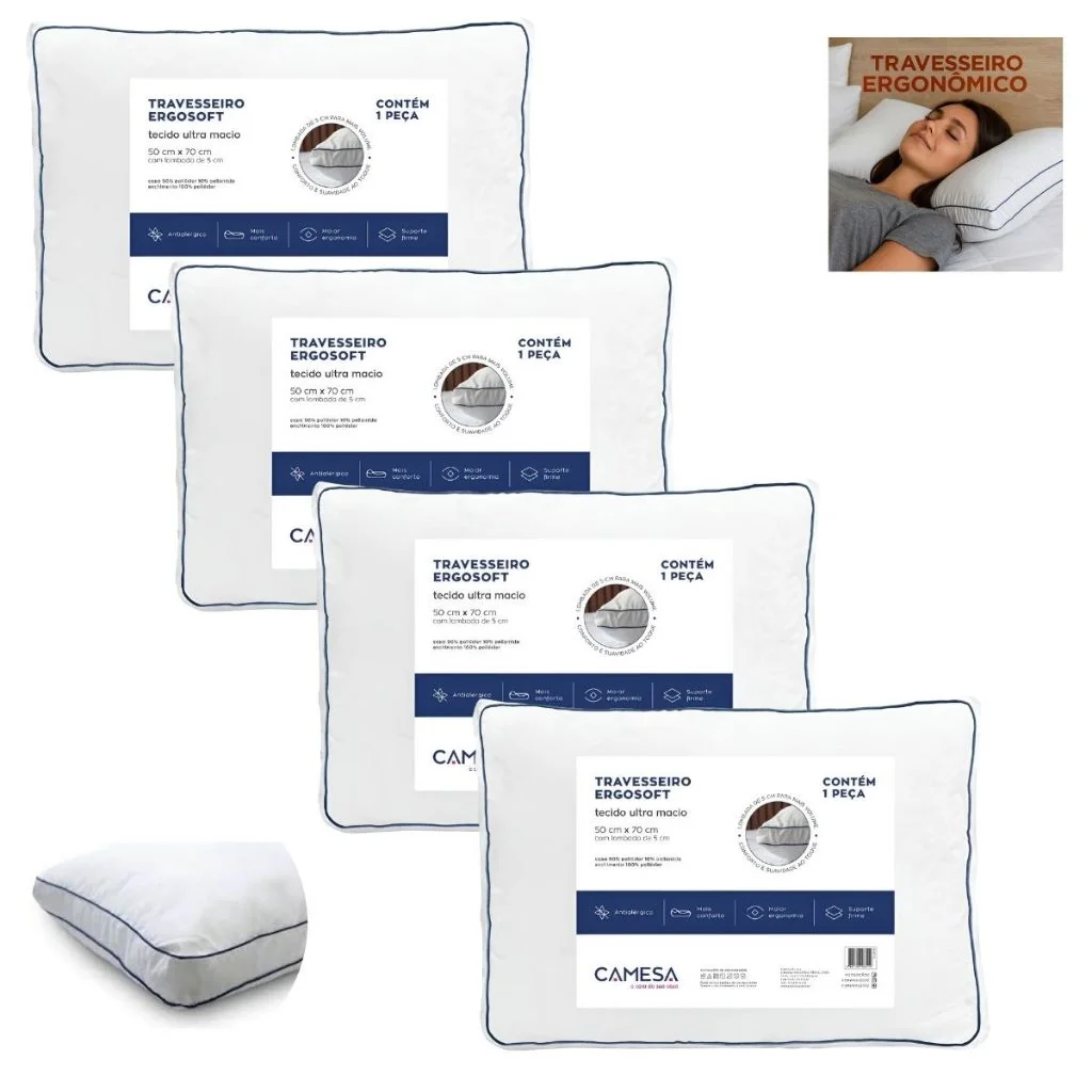 Travesseiro Camesa Ergosoft Hotel Kit com 4,3,2 e 1 Peças 50x70 hipoalergênico Lombada 5cm