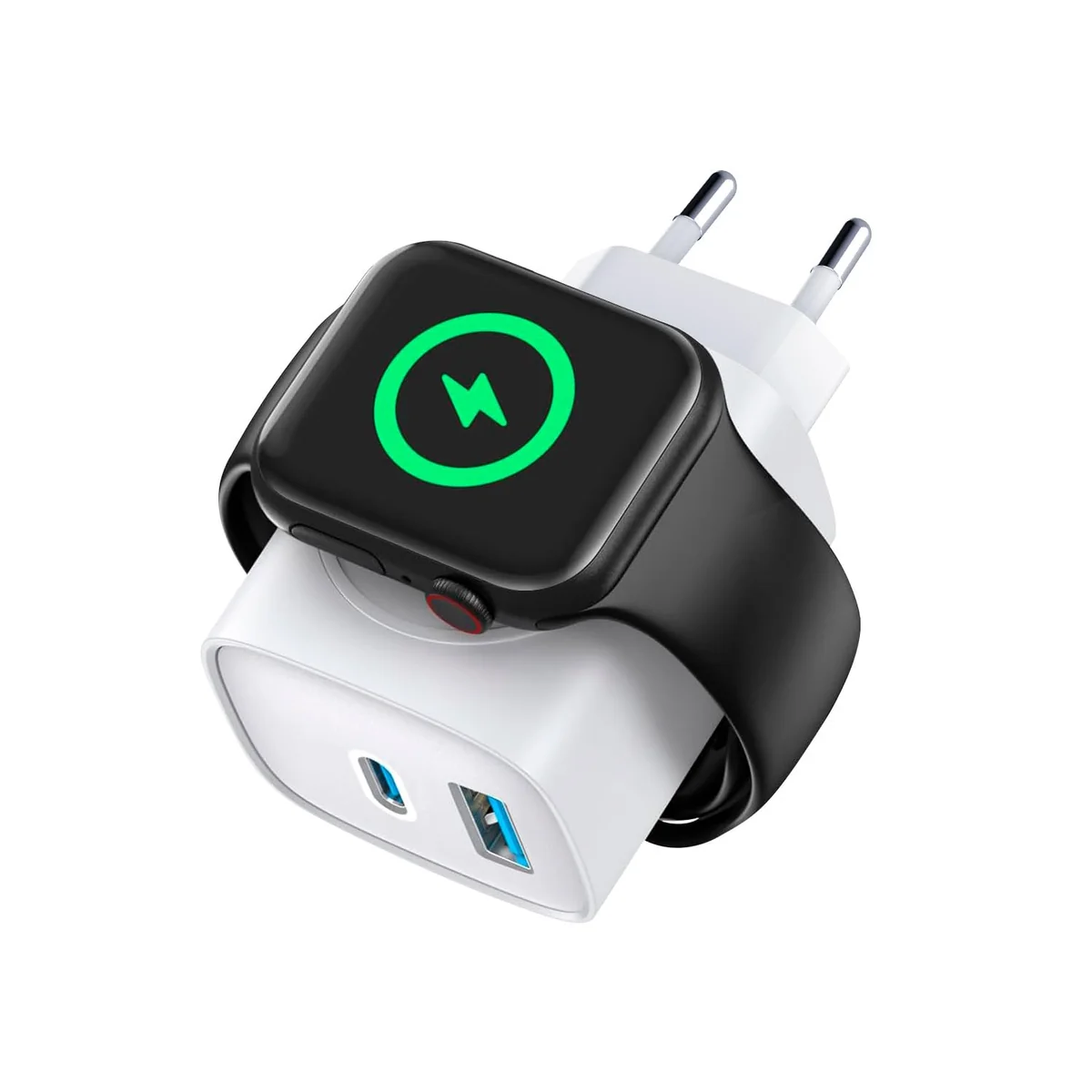 Gshield Carregador de Parede Survivor 3 em 1 Power Delivery Tipo-C 20W Ultra Rápido + USB-A 18W e Base de Carregamento Magnética Sem Fio Compatível com Apple Watch Integrada, Branco
