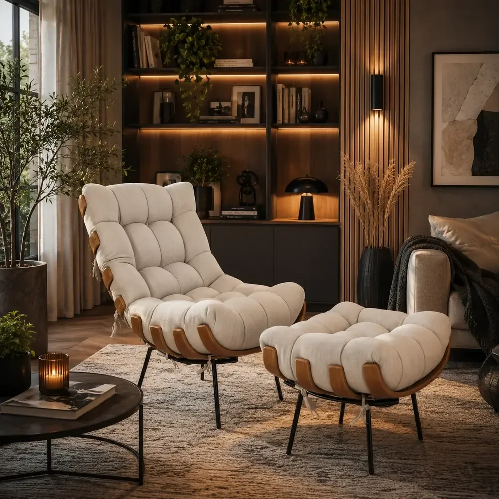 Poltrona Costela Com Puff Para Sala Original Linho Bege