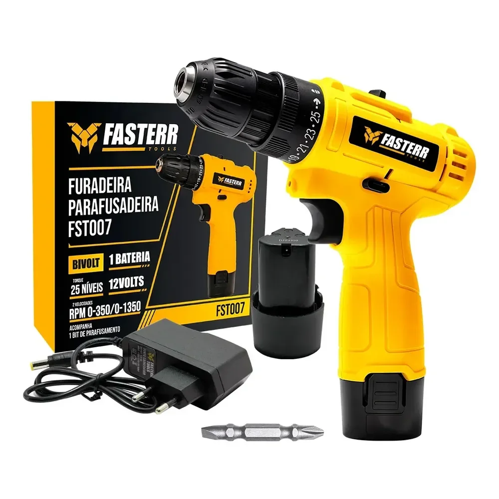 Parafusadeira Furadeira 3/8 10mm Bivolt A Bateria Com Carregador - Fasterr Tools