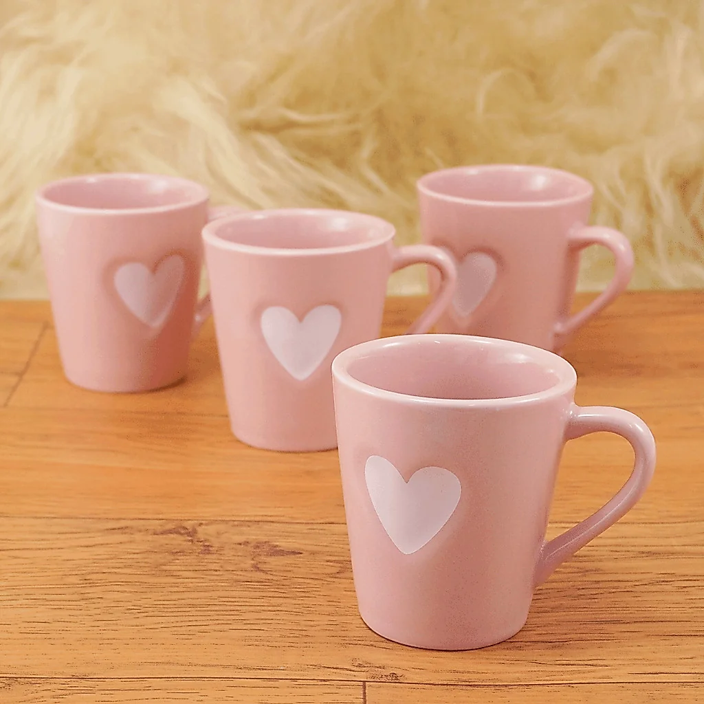 Kit 4 Xicaras Canecas Chá Café Porcelana 120 ml Rosa Coração Relevo Branco