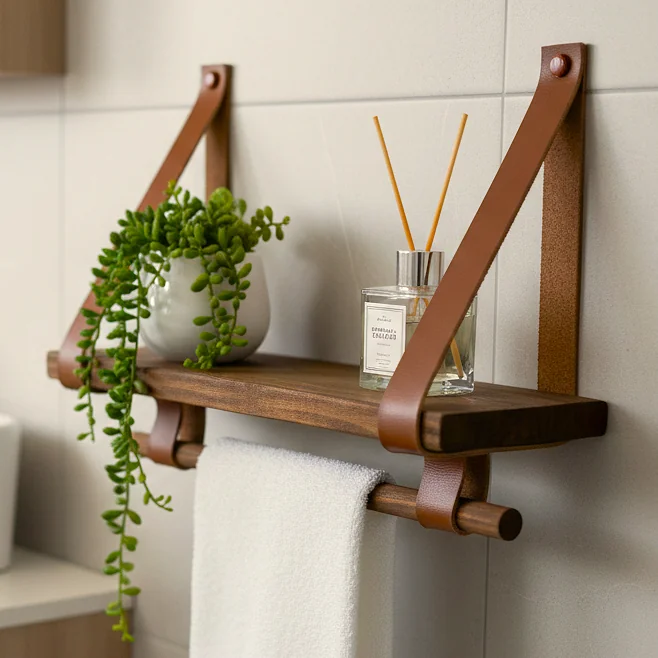 Prateleira com Suporte Para Toalha Madeira Envelhecida e Couro Decoração Banheiro Rústico Boho Chic