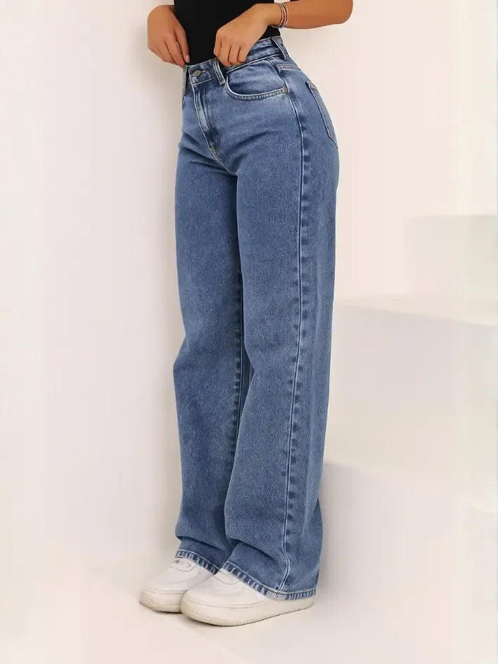 Calça Jeans Wide Leg Feminina Cintura Alta Pantalona Jeans Marmorizado Liso 44