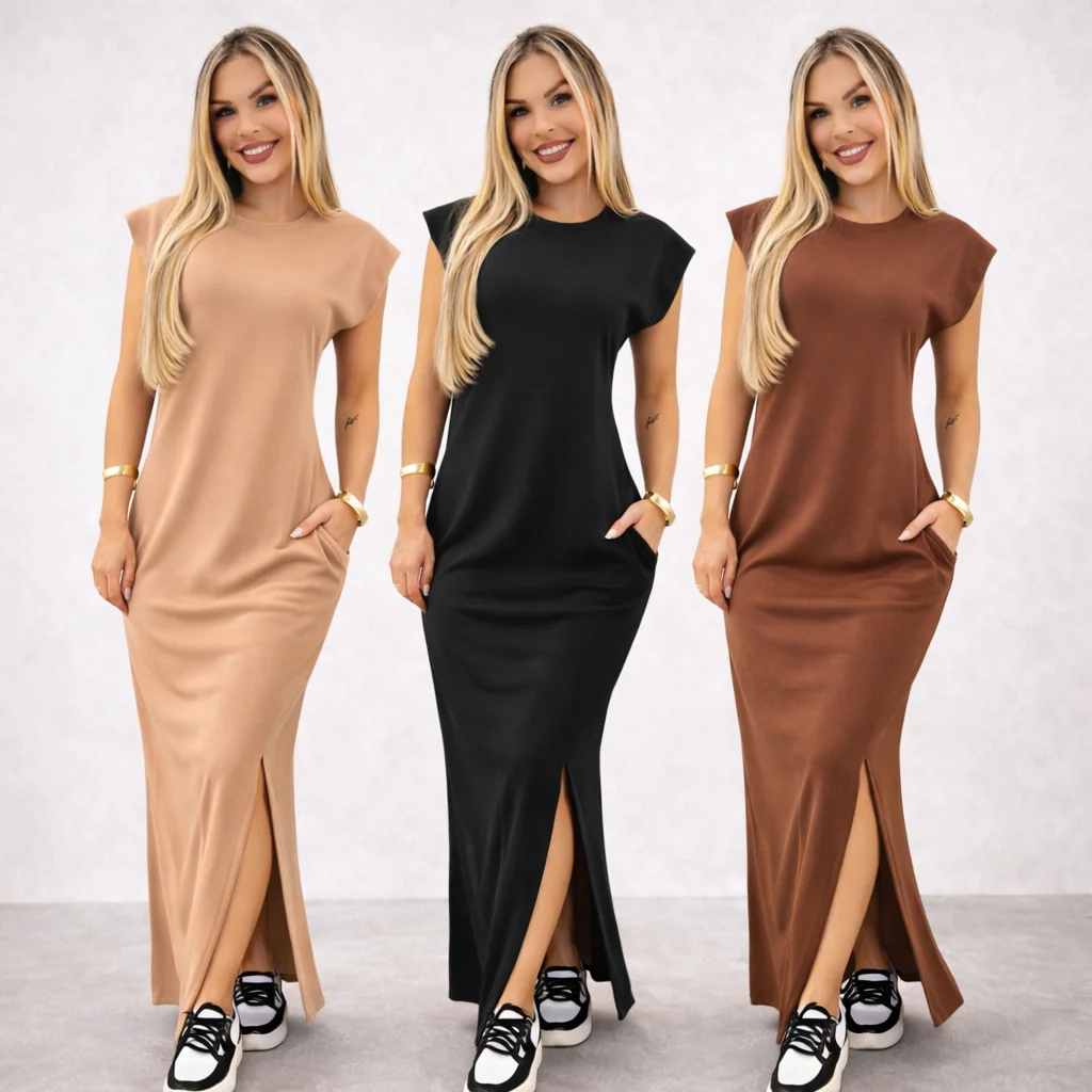 Vestido longo casual basico feminino ribana canelada manga muscle moda gringa preto marrom plus size