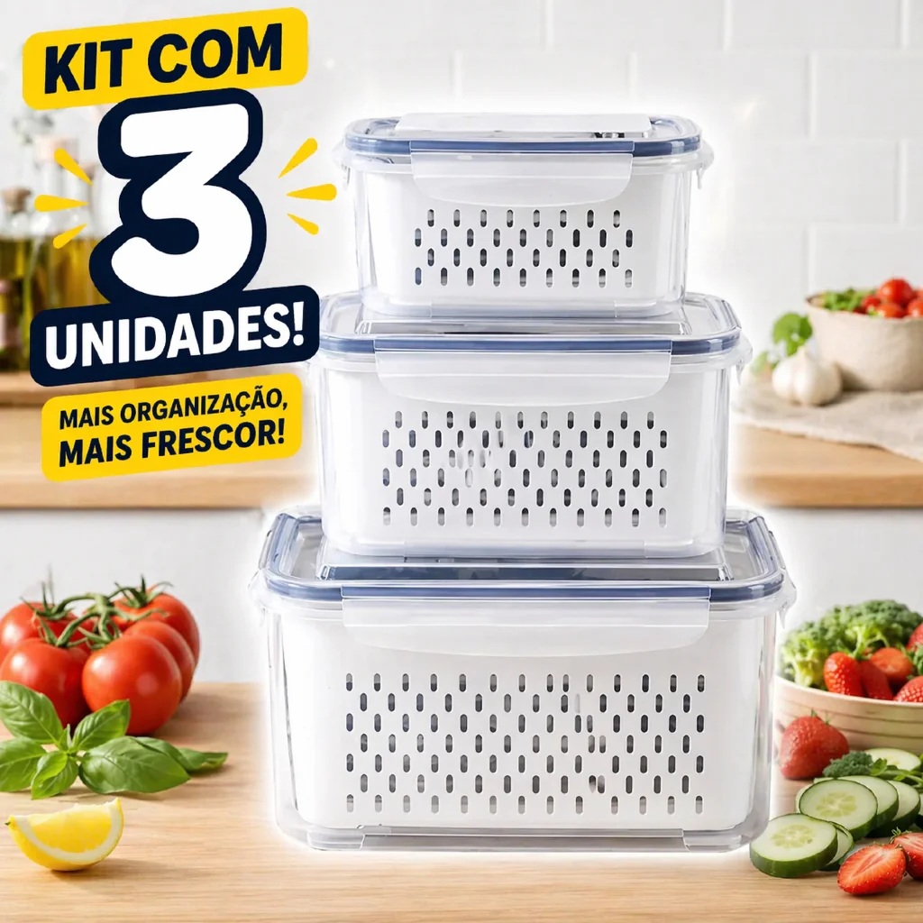 Organizador com 3 potes Herméticos De Geladeira para frutas, alimentos inclui Cesto tampa