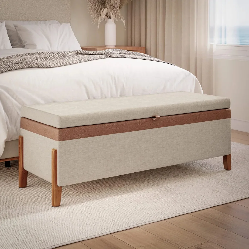 Recamier Atenas 120cm Puff Baú Linho Bege Casal Organizador Moderno Sapateira Confortável P/ Quarto