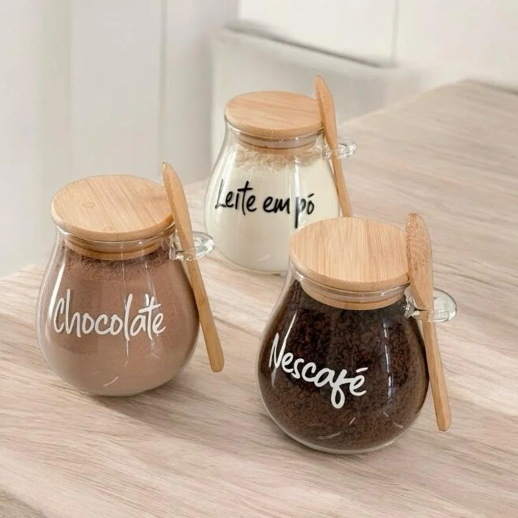 POTE HERMETICO COM TAMPA E COLHER DE BAMBU PERSONALIZADO 410 ML PERSONALIZADO AÇUCAREIRO SALEIRO