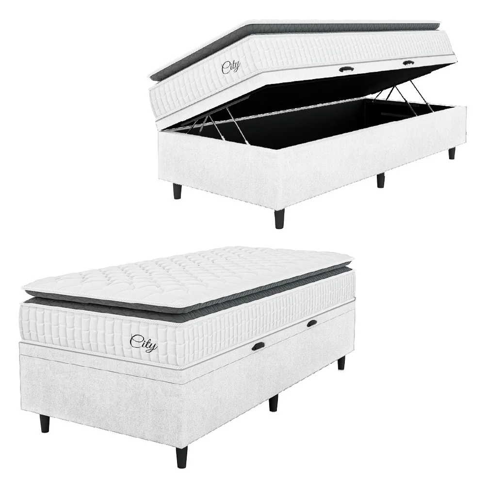 Cama Box Baú Colchão Solteiro Molas Ensacadas City Pillow Top 88x188x64cm Branco/Preto Hellen
