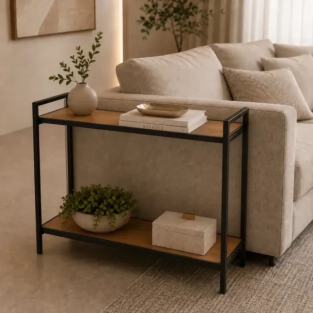 Mesa Lateral Canto Sofá Aparador Industrial Duas Prateleiras