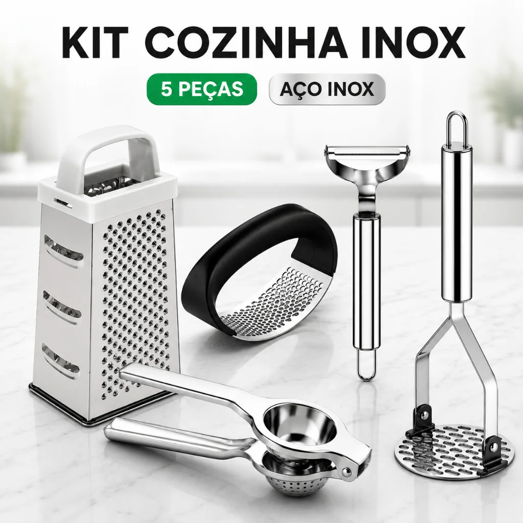 KIT 5 Peças Inox Cozinha | Amassador Batata e Alho, Descascador, Espremedor Limão e Ralador 4 Faces