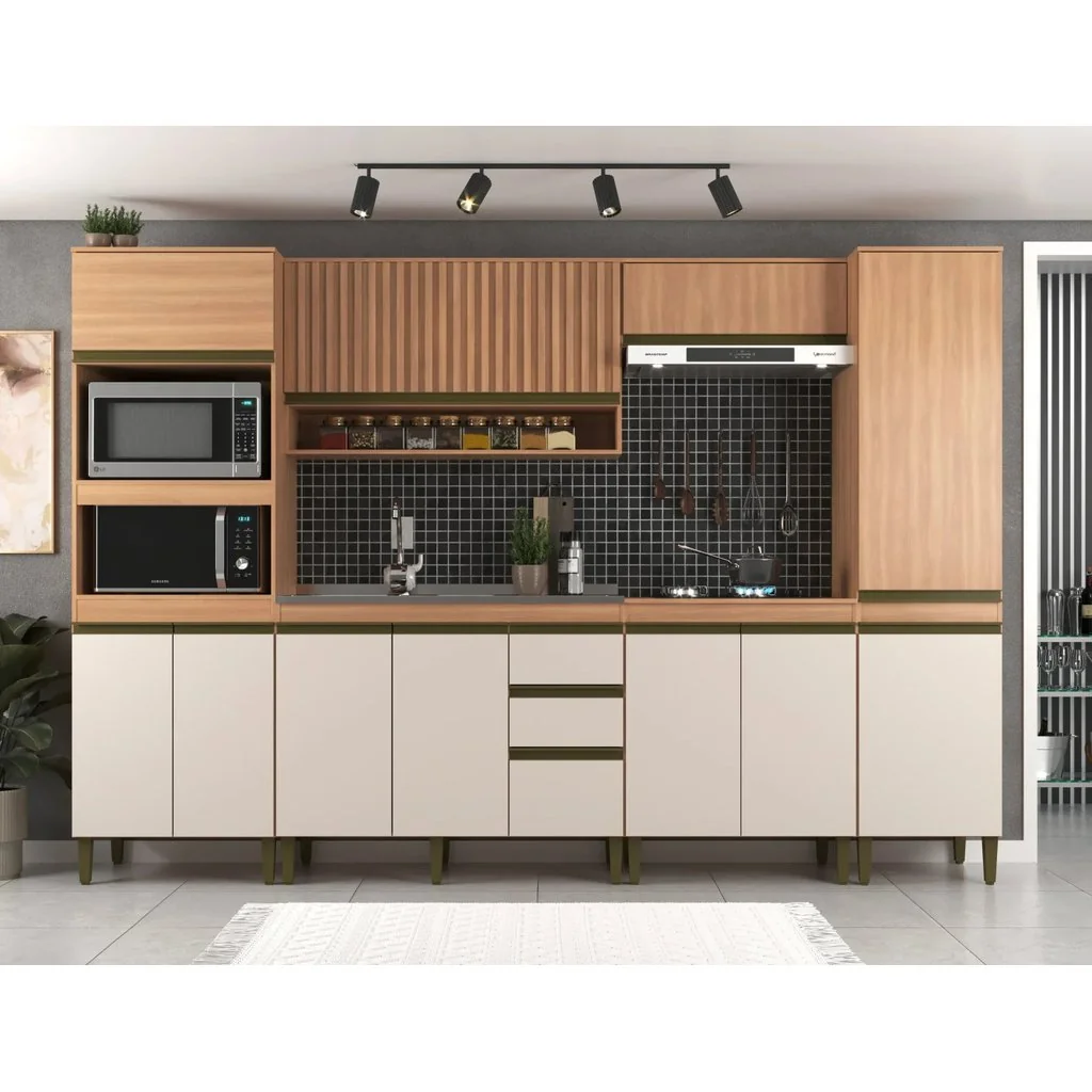 Cozinha Completa Modulada 6 Peças 11 Portas com Torre Quente Paneleiro e Aéreo Ripado Cecília Marrom/Freijó/Off