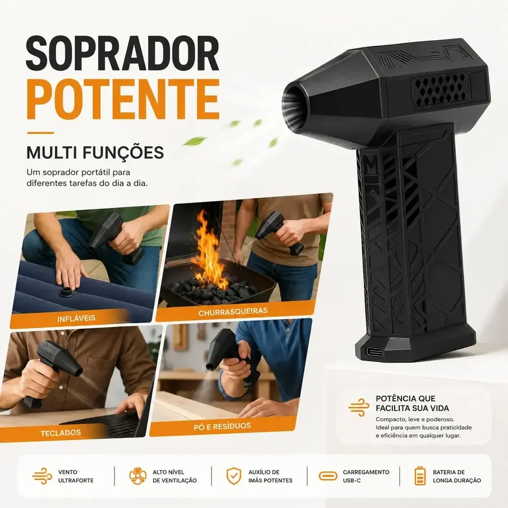 Soprador de Ar Mini Turbo Portátil USB Sem Fio Recarregável para Limpeza e Inflar DUOSEG