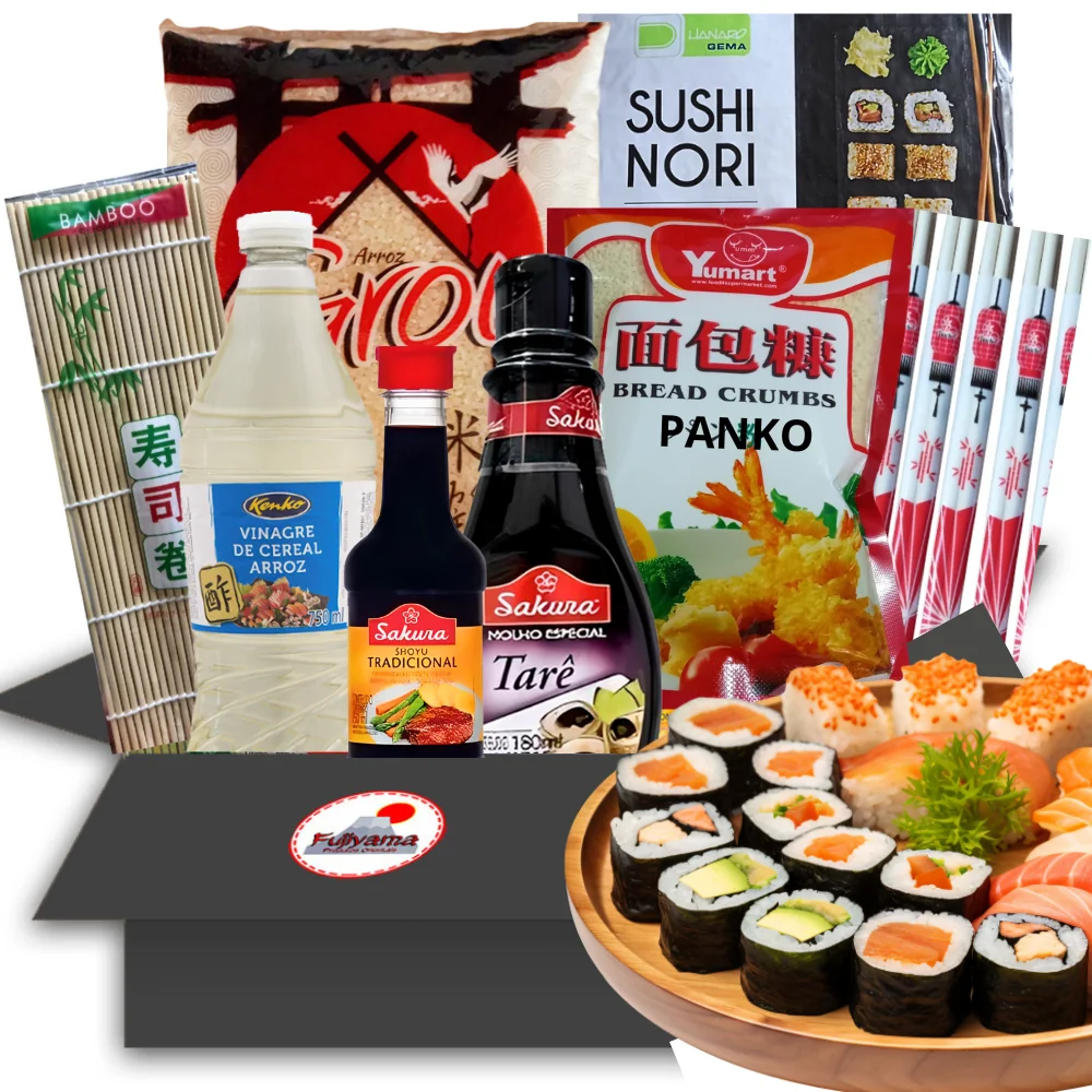 Kit Sushi Completo Alga Marinha Arroz Japonês Vinagre de Arroz Panko Shoyu Molho Tarê Esteira