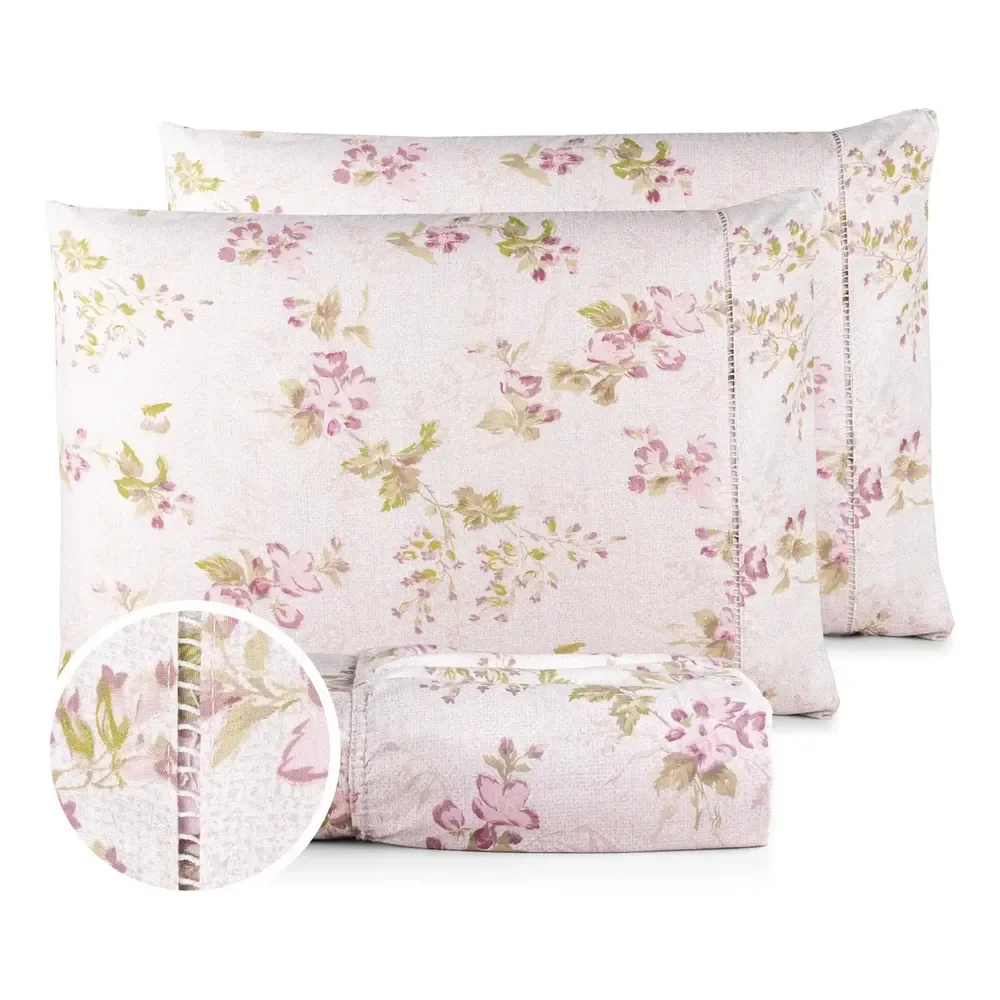 Jogo Lençol Casal 3pç 400 Fios Hipercal Conforto Macio Floral Rose Estampado