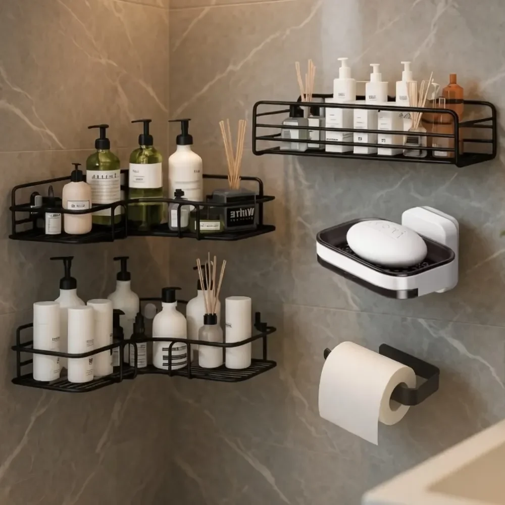 Kit 5 Prateleira Banheiro Suporte Porta Shampoo E Sabonete Preto