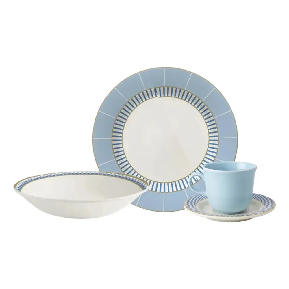 Aparelho Jantar 16 Pçs Porcelana Azul Pratos Xícara Decorada Branco/azul/azulado Redondo Fundo Raso Servir Visitas