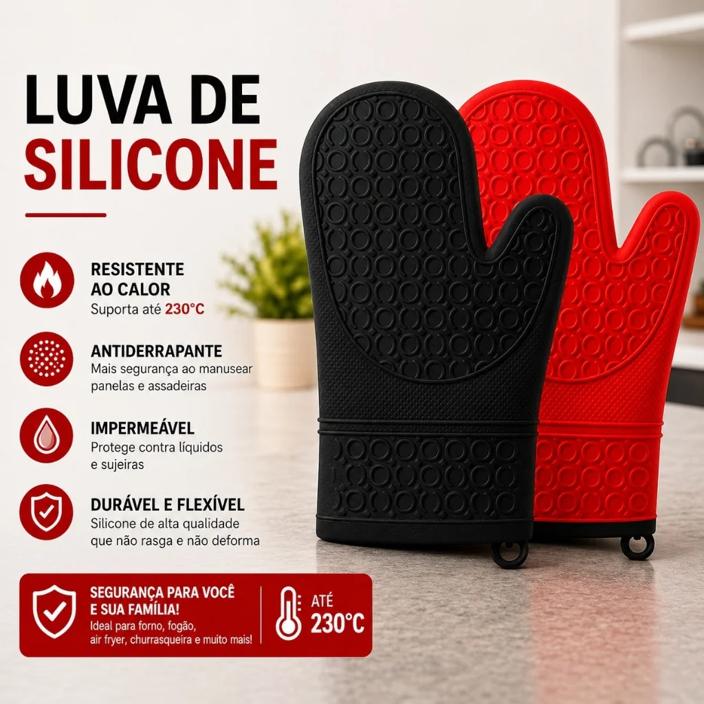 Kit 2 Luvas Térmicas de Silicone Premium Grandes Antiderrapante Para Forno Cozinha Preta Vermelha