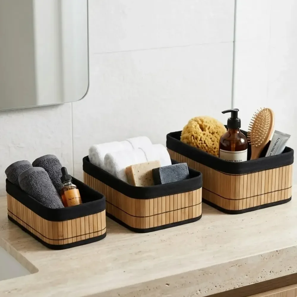 Kit 3 Cestos De Bambu Multiuso Organizador Caixa Palha Com Forro De Linho Decoração Cozinha Quarto Sala Ambiente Armário Escritório Banheiro Pítia