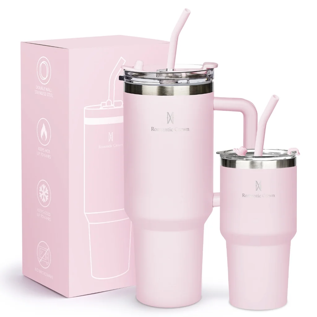 ROMANTIC CROWN Kit 2 Copo Térmico Inox Portátil 1200ml/600ml Garrafa Térmica Inoxidável com Tampa e Canudo