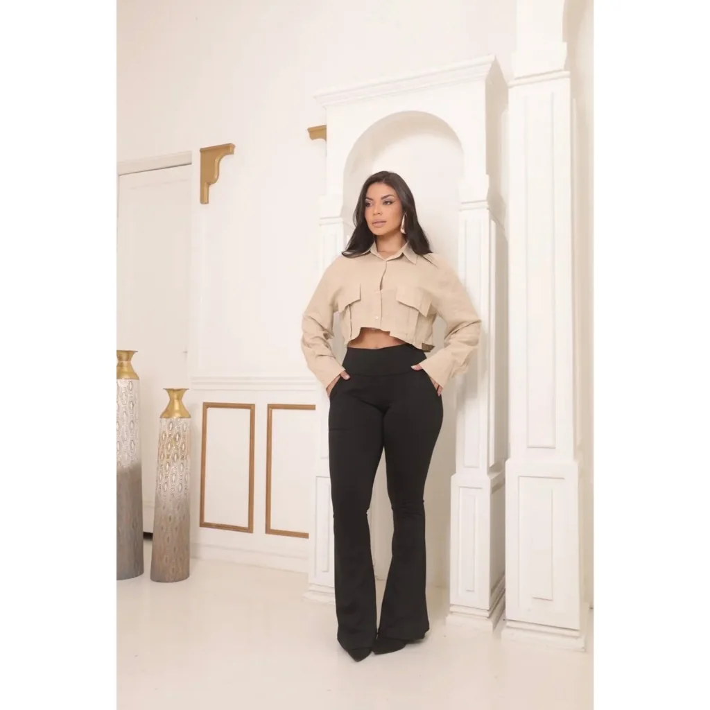 Calça Legging Flare Feminina Neoprene Com Bolso Frontal Cintura Alta Modeladora Social Confortável