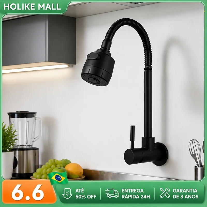 Inox Preto Torneira Com Chuveiro Com Rotação De 360° Cozinha Luxo Parede Promoção