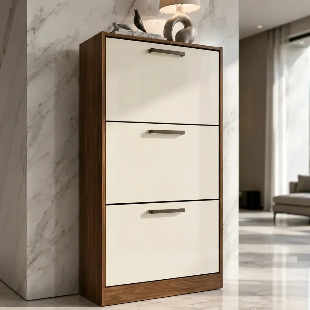 Sapateira Cômoda Organizadora Ampla Plus 3 Portas Santos Andirá Design Moderno Compacta Capacidade 12 Pares Cor Areia
