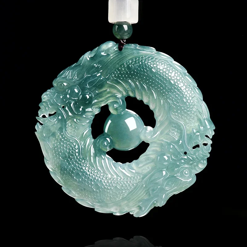 Colar com Pingente de Jade Natural Azul Esmeralda Genuína, Esculpido em Jadeíta, com Design de Dragão Duplo, Joia da Moda, Amuleto, Certificado de Presente