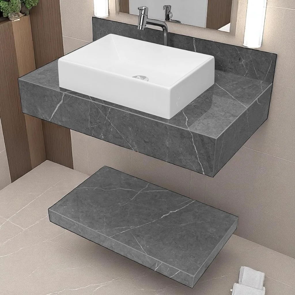 Kit Completo Bancada Cuba Sobreposta Banheiro Gran Marmi Grafite Lux em Porcelanato 62x36x11
