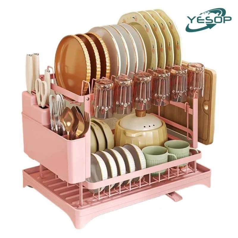 YESOP Escorredor De Louças Rosa 2 Andares Aço Carbono Com Dreno 360° E Porta Copos Pratos Premium