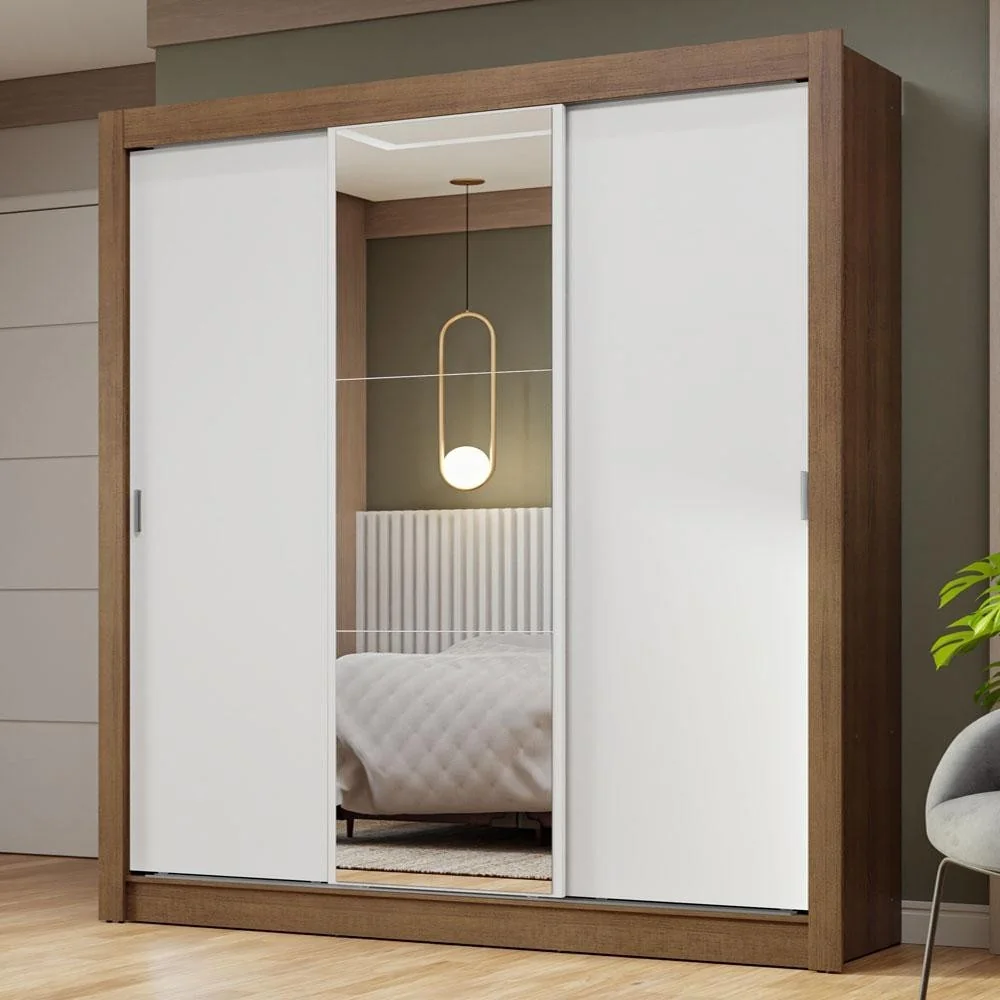 Guarda-Roupa Casal 3 Portas de Correr com Espelho Rustic/Branco Nobre Madesa