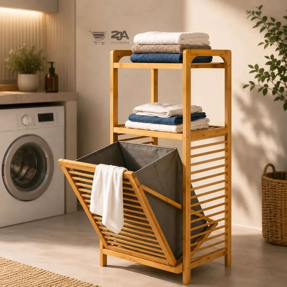 Cesto De Roupa Em Bambu Inclinável Com Prateleiras Multiuso Bambu
