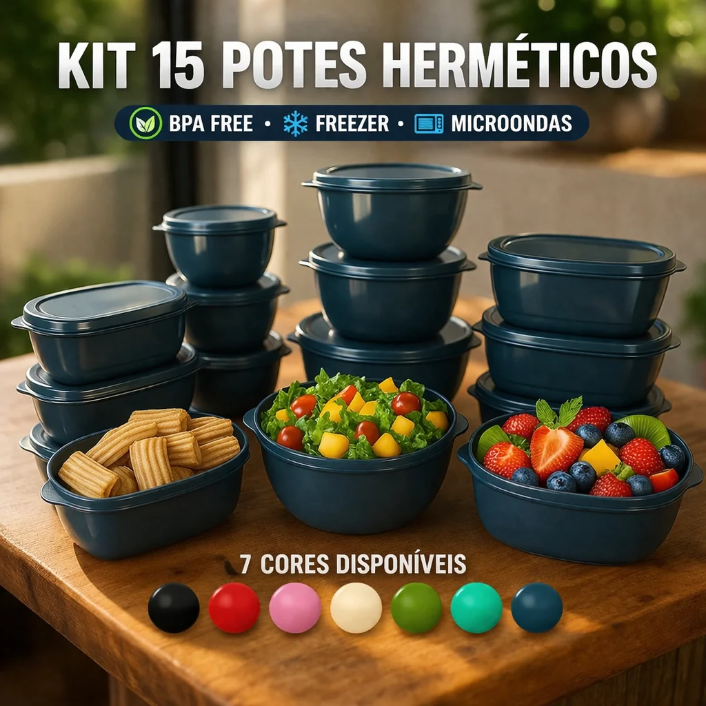 Kit 15 Potes Herméticos Plástico com Tampa – Empilháveis Ultra Resistentes Vasilha,Panela, Hermético