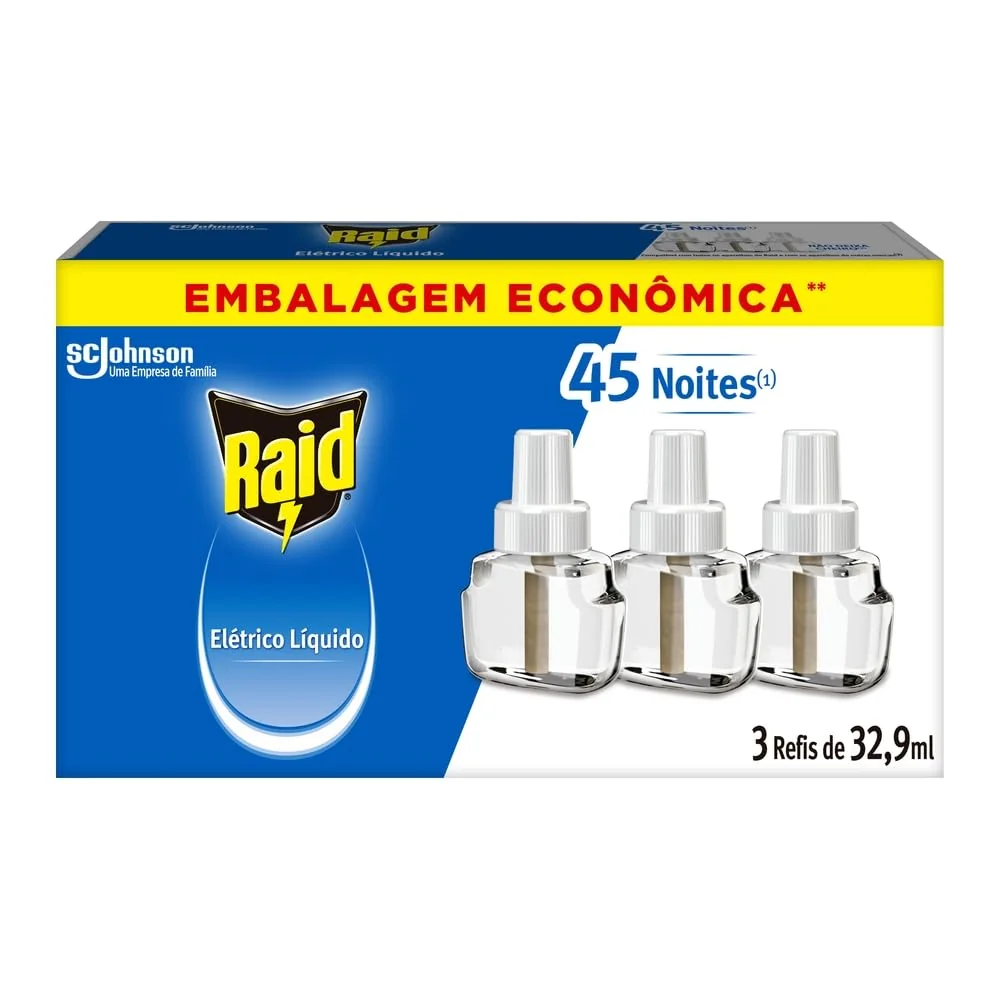 Raid Repelente Eletrico Líquido, 45 Noites de Proteção, 3 Refis de 32,9ml