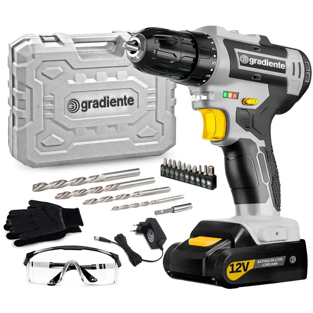 Parafusadeira Furadeira Sem Fio Gradiente Gpb12v-ac 3/8 12v Bivolt Para Madeira Metal Com Maleta E Acessórios Cinza 127/220v 60hz