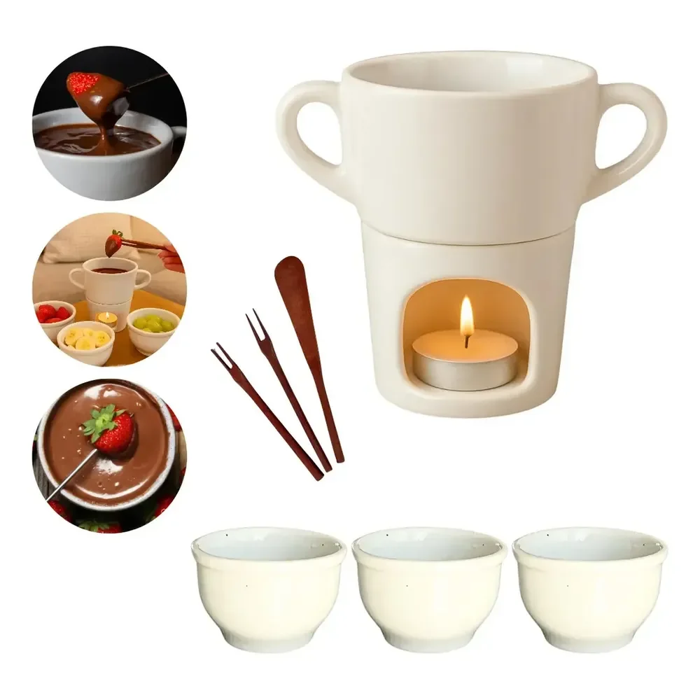 Aparelho De Fondue 7 Peças Porcelana + Velas Branco