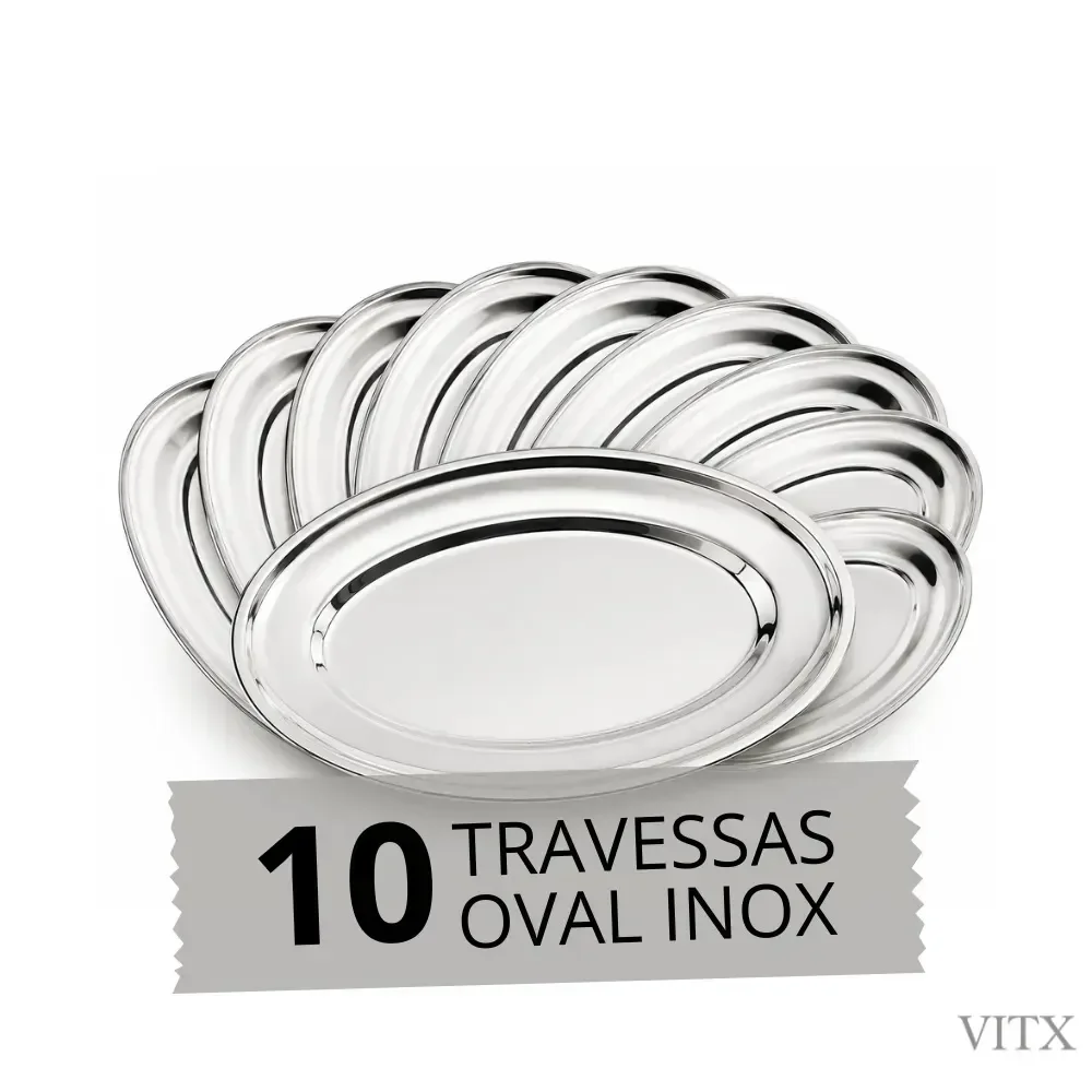10 Travessas 30 Cm Aço Inox Rasa Oval Prata P/ Servir Porção Cor Prateado Vitx