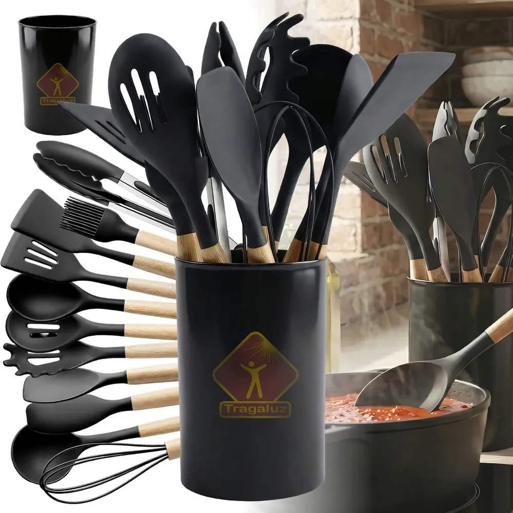 Kit 12 Peças De Utensílios De Cozinha Em Silicone Com Cabo De Madeira Premium Tragaluz Preto