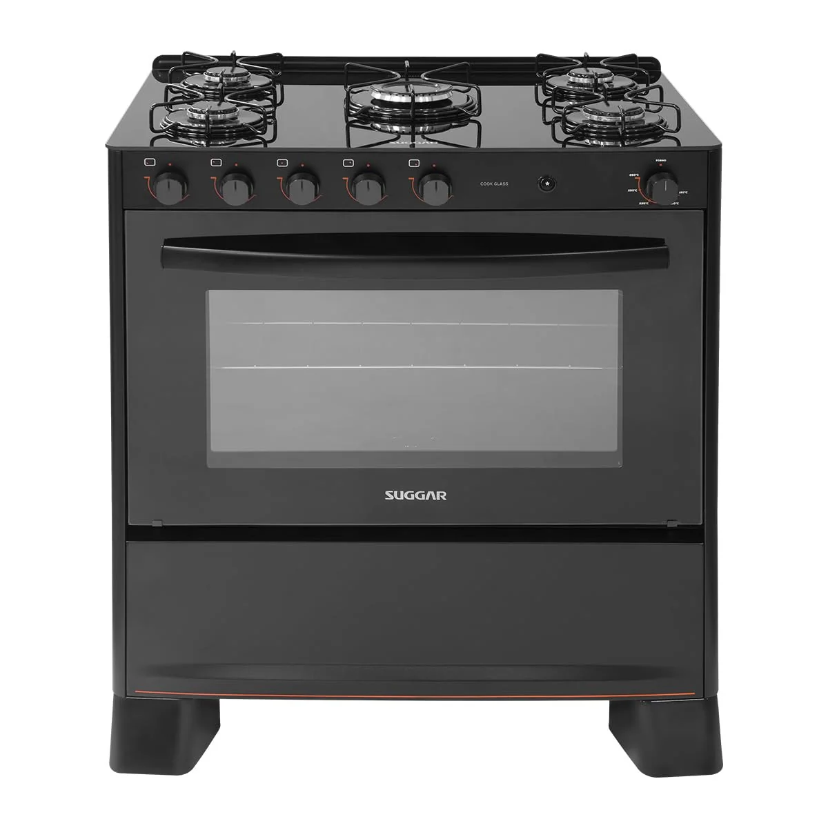 SUGGAR FOGÃO COOK GLASS PRETO MESA DE VIDRO 5 BOCAS MEGA CHAMA TREMPE 6 APOIOS ACENDIMENTO AUTOMÁTICO FGVCG510PT