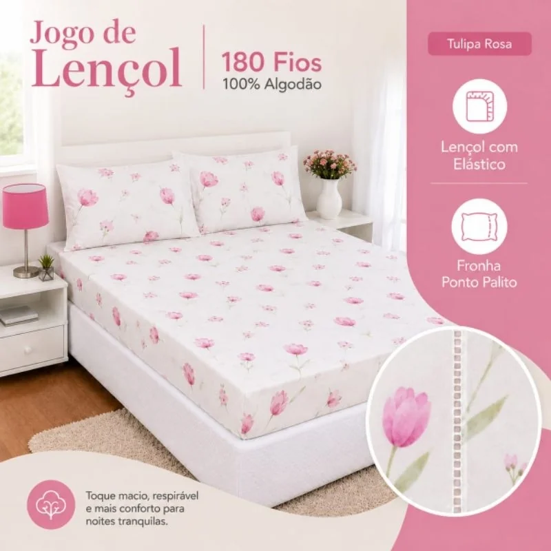 Jogo de Lençol Percal 180 Fios 100% Algodão – Todos os Tamanhos Com Elástico Roupa De Cama