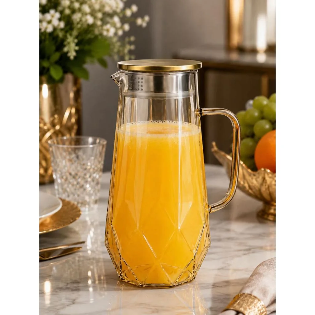 JARRA DE VIDRO BOROSSILICATO AMBAR  COM TAMPA DOURADA EM INOX  1,4L - JARRA LUXO