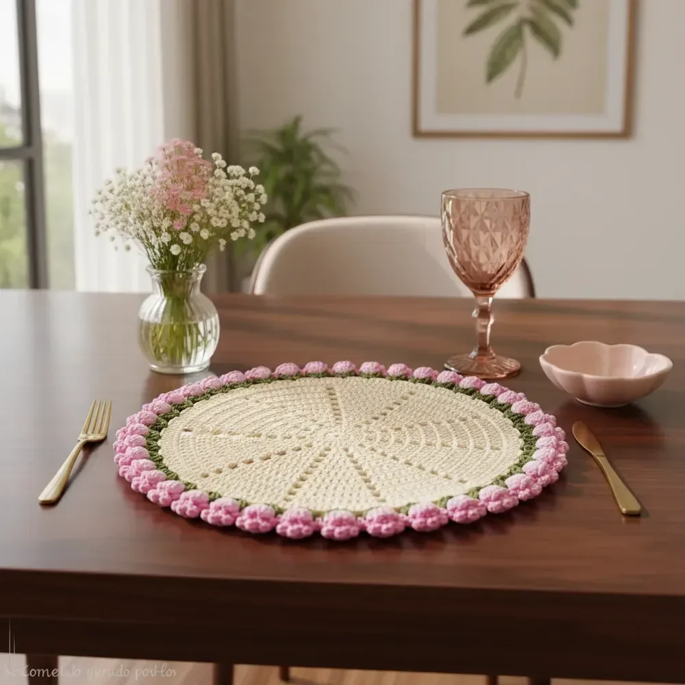 Sousplat De Crochê Luxo Flores 38 Cm,jogo Americano Com 2pç Bege Rosas