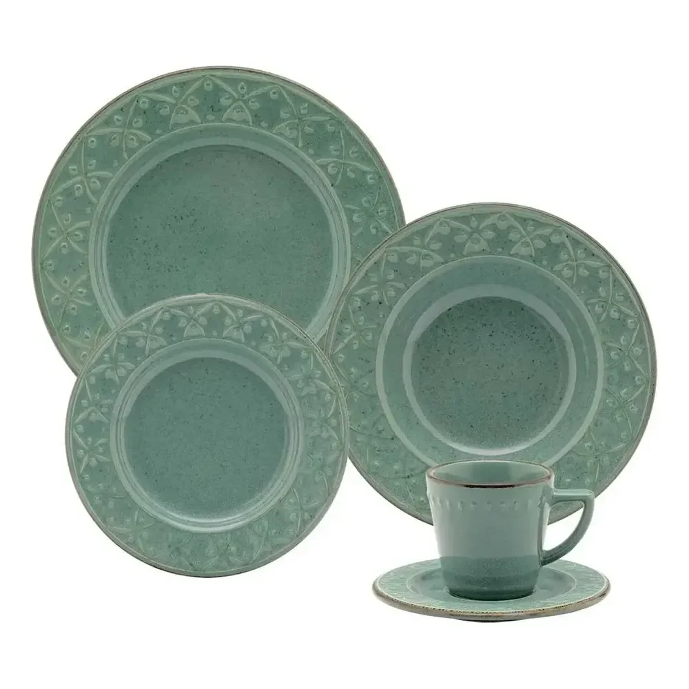 Aparelho De Jantar 20 Peças Mendi Malaquita Oxford Verde Liso Com Textura