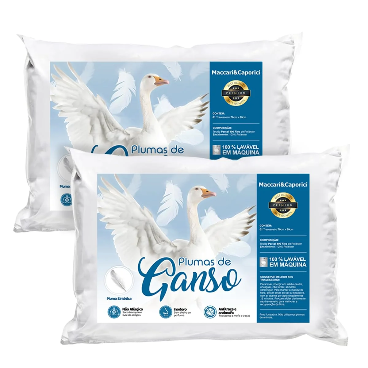 Kit 02 Travesseiro Toque de Pluma Premium Percal 400 Fios 50x70cm Lavável, Antiácaro, Antialérgico