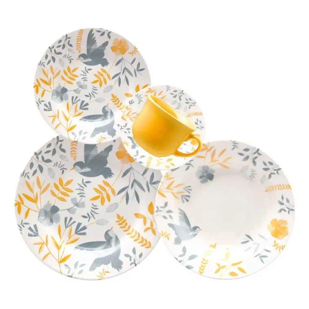 Jogo De Jantar Biona 30 Peças Cerâmica Amarelo Donna Bem-te-vi Amarelo / Azul / Off White Florido