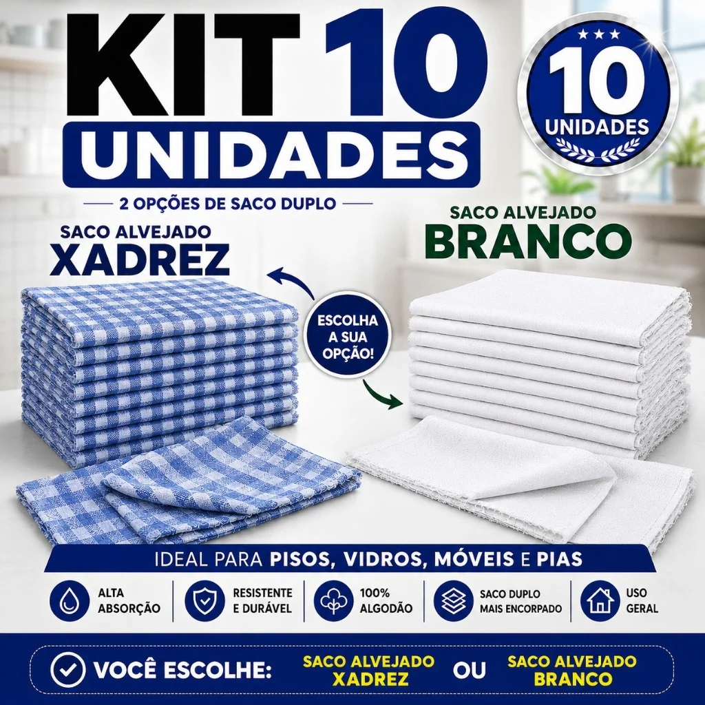 Kit c/ 10 Panos de Chão Grande 70x40cm - Saco Duplo Xadrez Azul Alvejado ou Branco Alvejado - Neves
